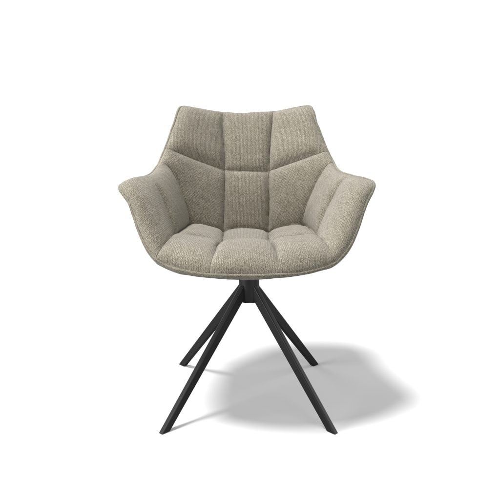 Dining chair Alfie with luxurious cushion-shaped seat, steel leg and 360° auto return, available in multiple fabrics and leg colors.
