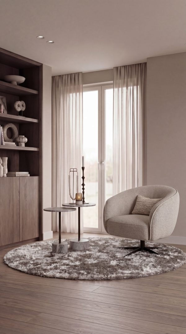 Lio armchair in a soft beige bouclé fabric, styled in a warm minimalist interior with a round textured rug, marble side tables, and sheer curtains.